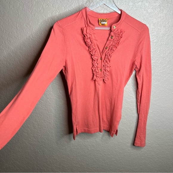 tory Burch, long sleeve ruffle, half button up blouse - Picture 3 of 8